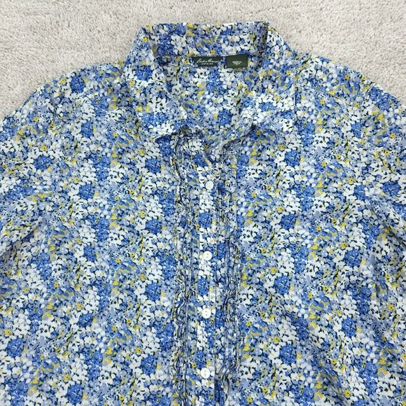 Eddie Bauer Shirt Women's Medium Blue Floral Button Front Short Sleeve Ruffle - Picture 2 of 8